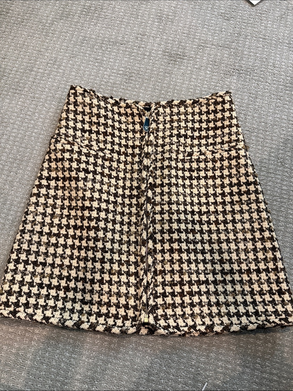 Sandro Black and Cream Houndstooth A-Line Skirt with Zipper and Pockets
